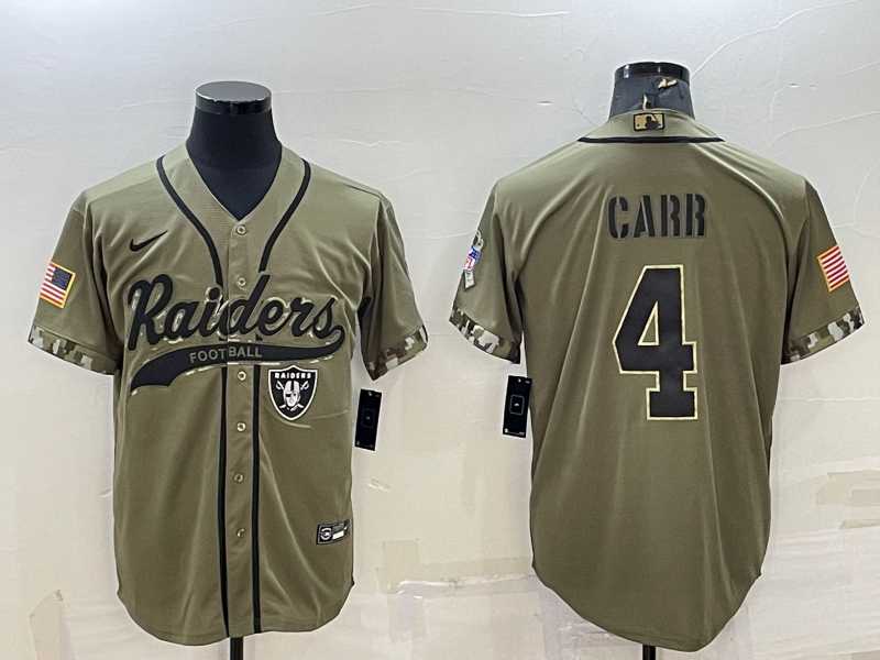 Men%27s Las Vegas Raiders #4 Derek Carr 2022 Olive Salute to Service Cool Base Stitched Baseball Jersey->las vegas raiders->NFL Jersey